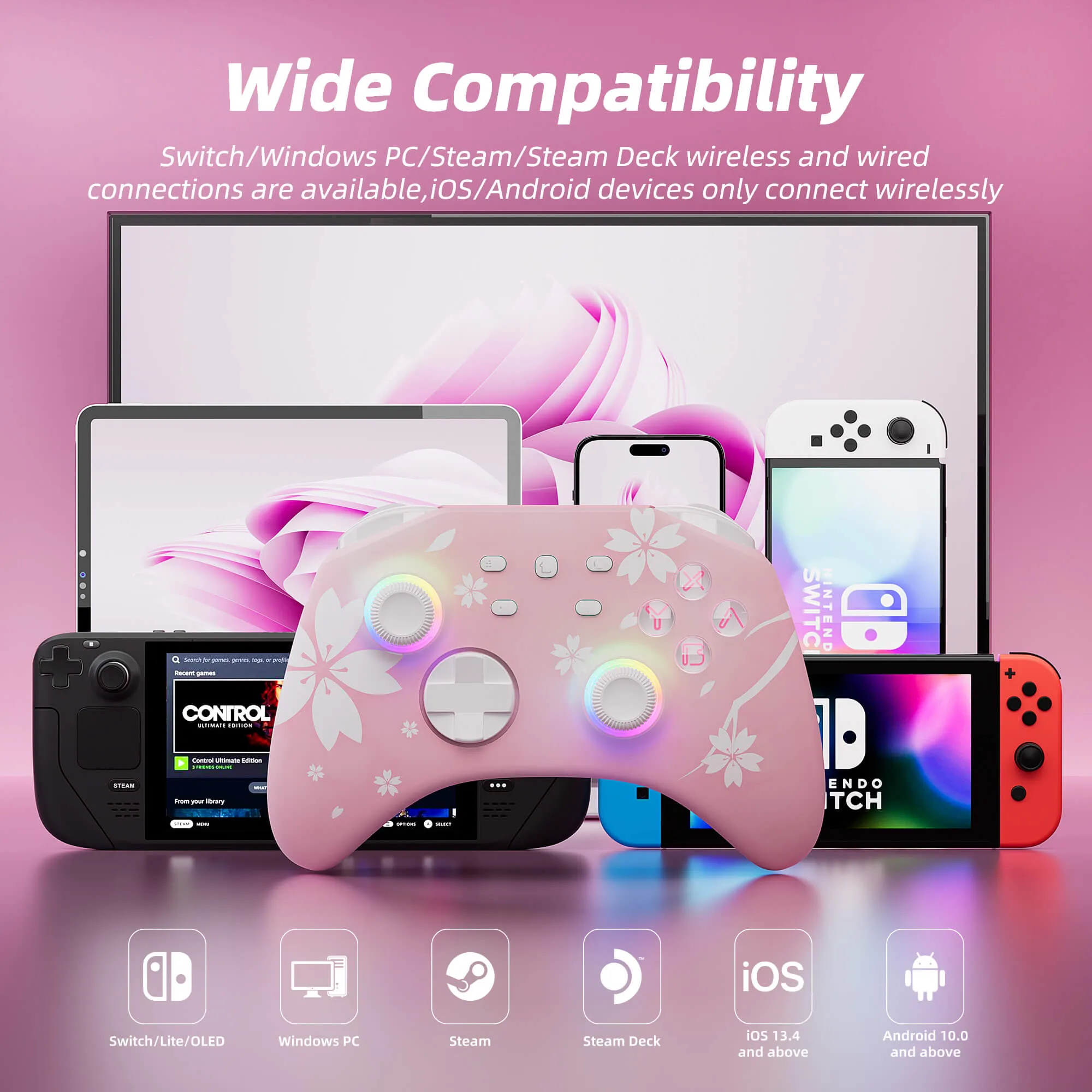 Mytrix Wireless Pro Controller Sakura Pink, Bluetooth Controller with Programmable