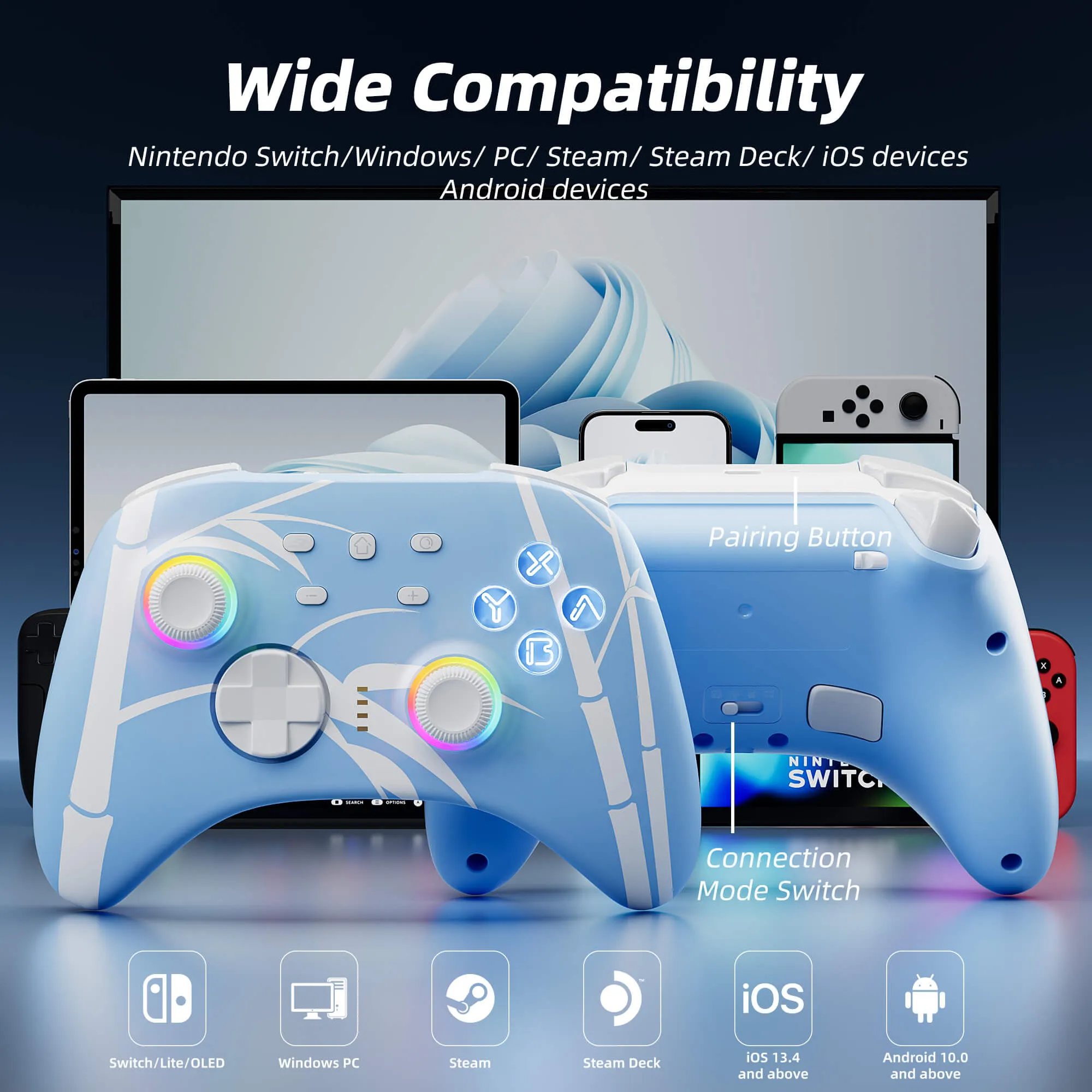 Mytrix Wireless Pro Controllers with Hall Effect Joysticks/Hall Trigger (No Drift), Blue Bamboo Bluetooth RGB Controller for Nintendo Switch/Lite/OLED, Windows PC, Steam, Steam Deck, iOS and Android devices