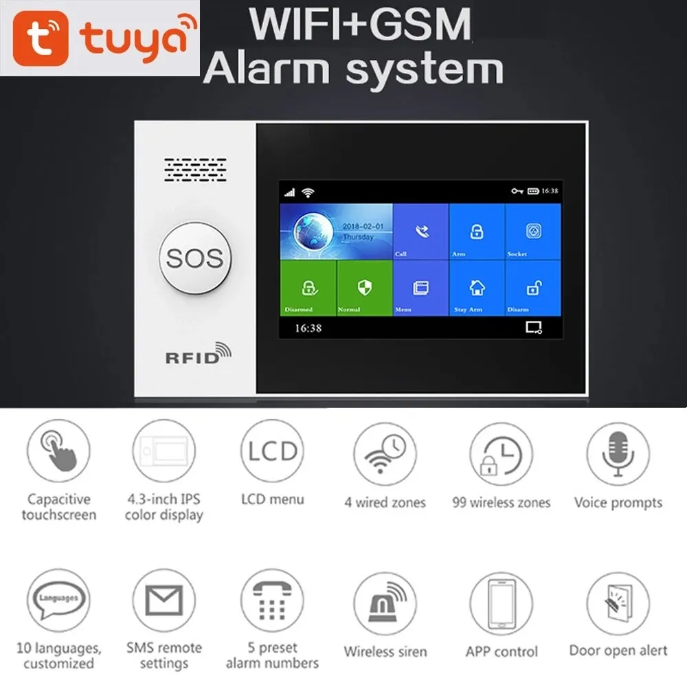 WIFI GSM Home Wireless Security Burglar Alarm System Kits 4.3 Inch Monitor Tuya APP